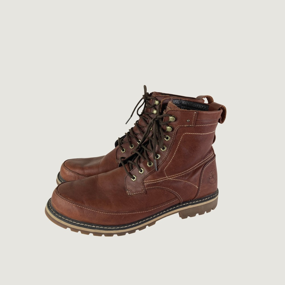 Timberland Waterproof Boots Mens 11.5 Brown Leather Moc Toe Lace Up Rugged